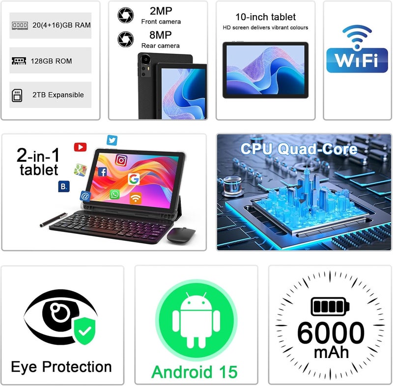 CUPEISI Android 15 Tablet 10 Inch, 20GB RAM+128GB ROM/2TB Expandable, 2.0GHz Quad-core Processor, 1280*800 HD Screen, 5G WiFi6 BT 5.0, 2 in 1 Tablets with Keyboard Case Mouse Stylus, Widevine L1 Black - Image 2